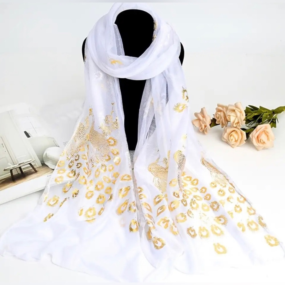 New Double Lawyer Extra Soft High Quality Chiffon Scarf Shawl White Gold Peacock